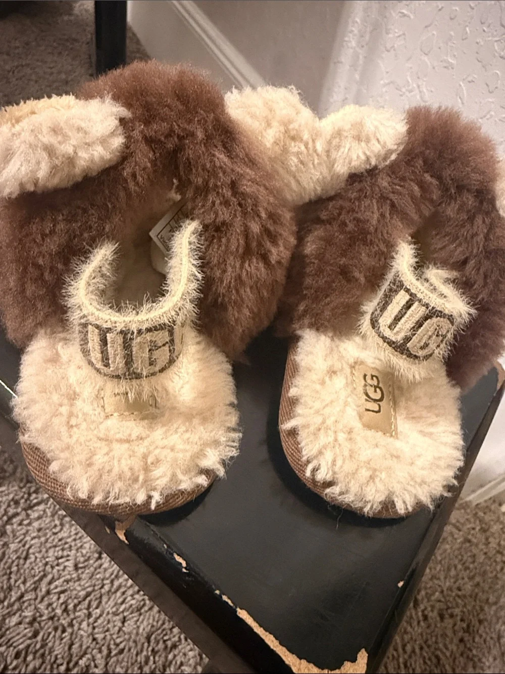 UGG Baby Lion Plush Slippers in Brown and Cream